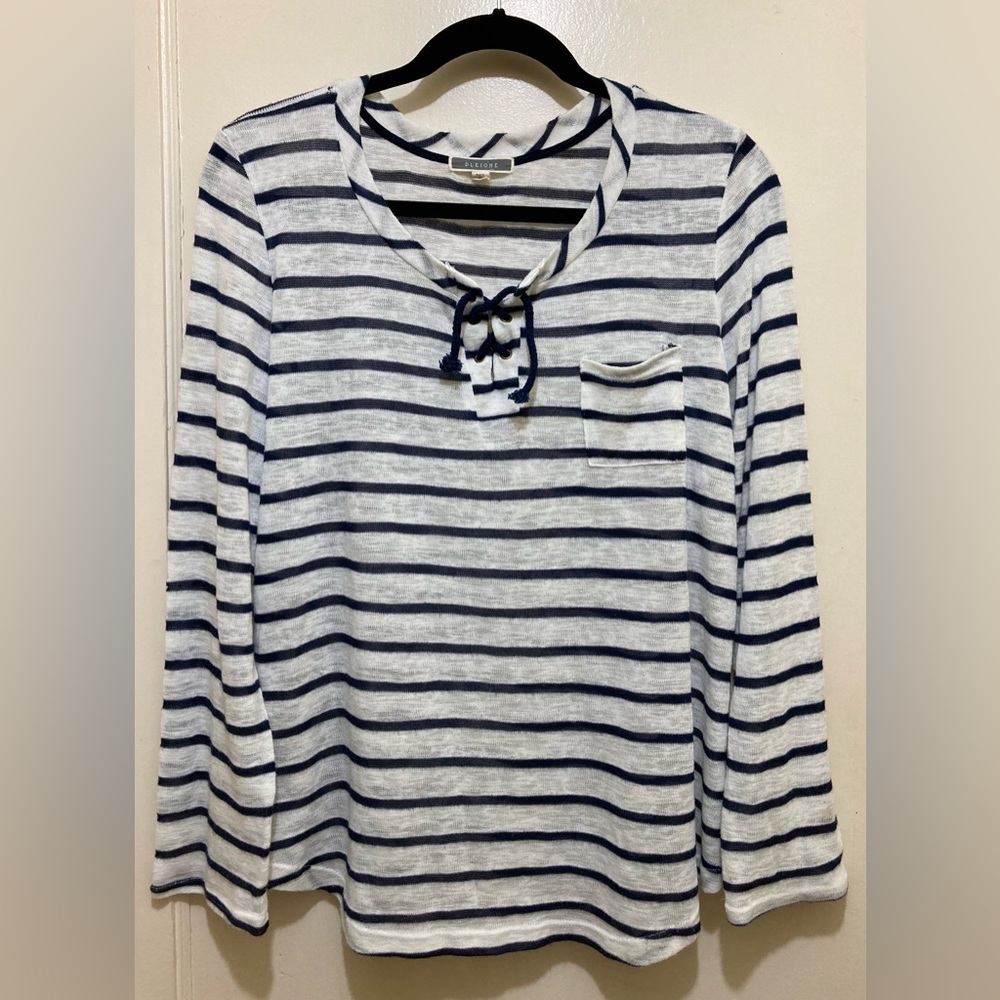 Pleione Knit Sweater Top Women XL Blue White Stripe Tie VNeck Pocket Long Sleeve
